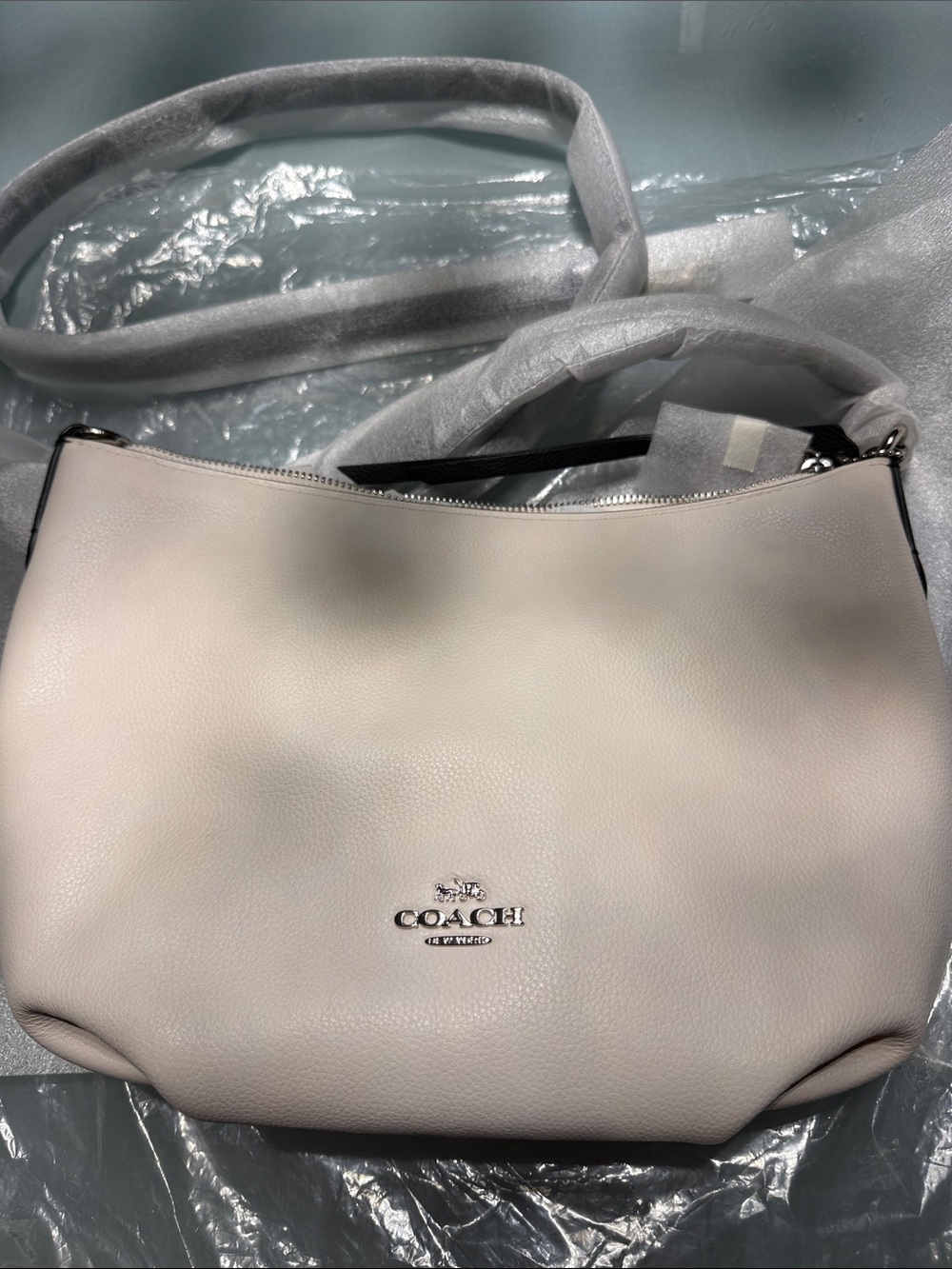 NWT-Coach Pebbled Leather Shoulder Bag in Light Cream with Silver Hardware